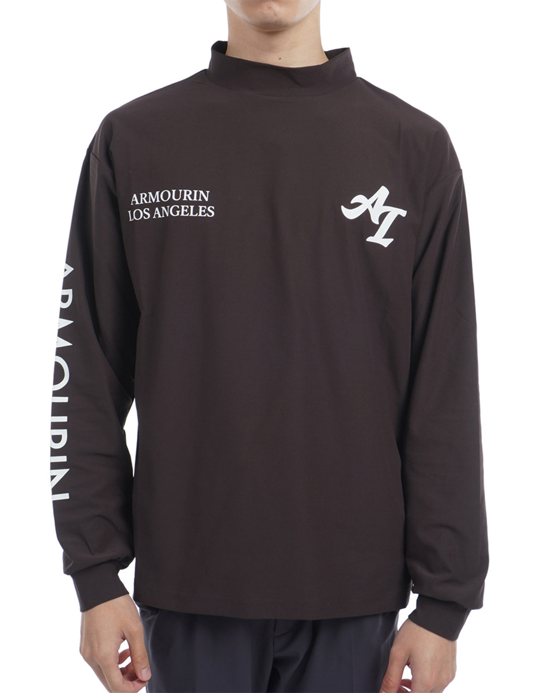 [ARMOURIN アーマーイン] メンズ Tシャツ 長袖 モックネック ルーズフィット バックプリント 袖プリント 日本製