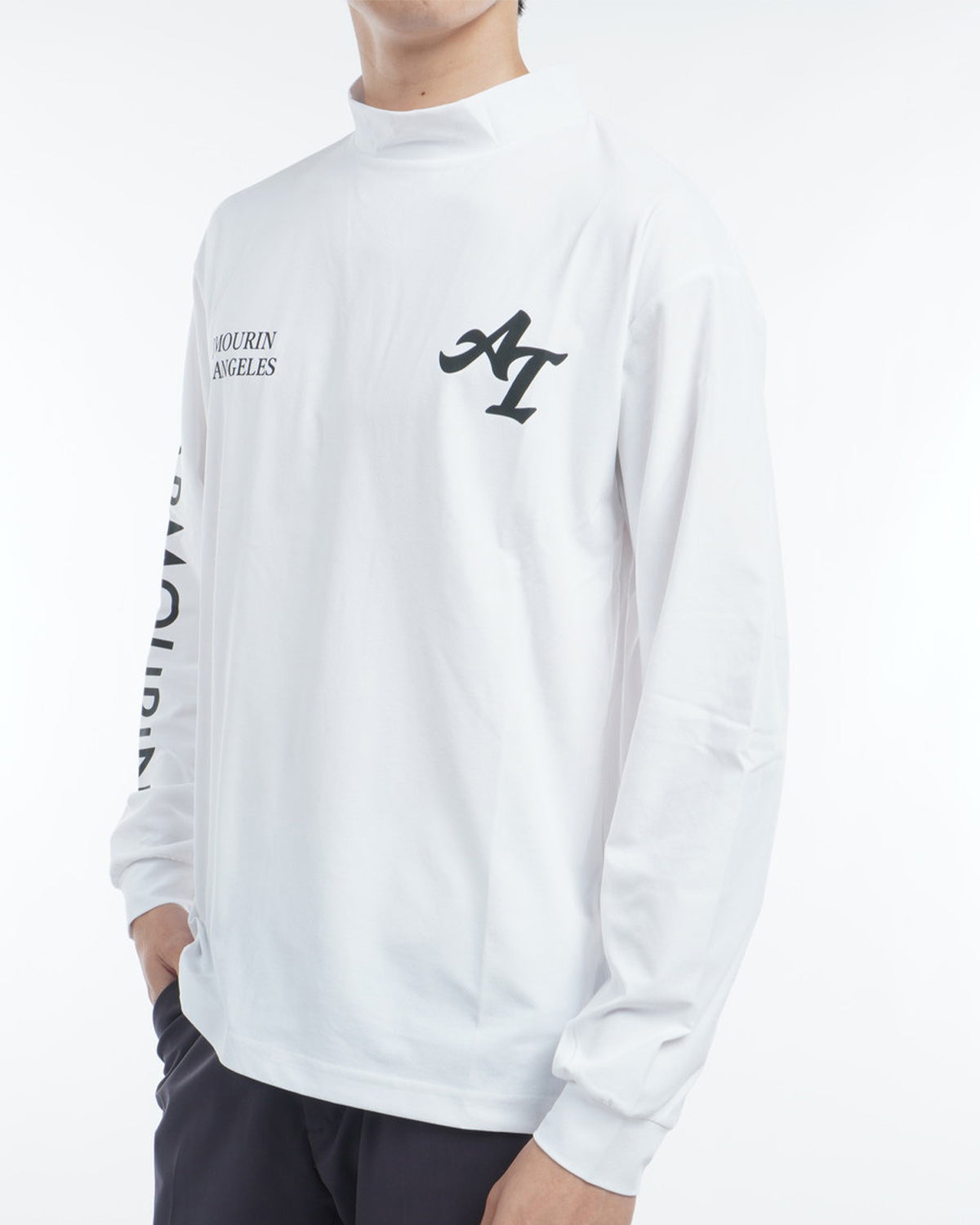 [ARMOURIN アーマーイン] メンズ Tシャツ 長袖 モックネック ルーズフィット バックプリント 袖プリント 日本製
